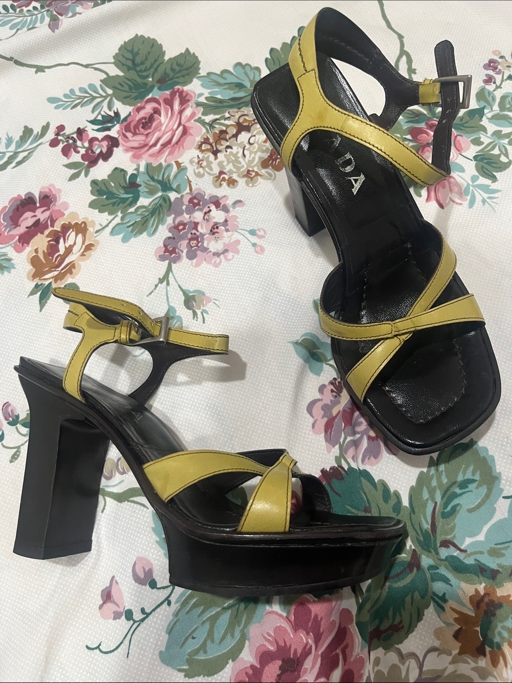 Vintage Prada Black and Yellow Leather Strappy Heels - Picture 2 of 3